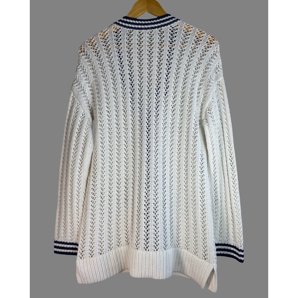 Lou & Grey Womens M White Pointelle Knit Varsity Cardigan Navy Striped V-Neck - Picture 2 of 8